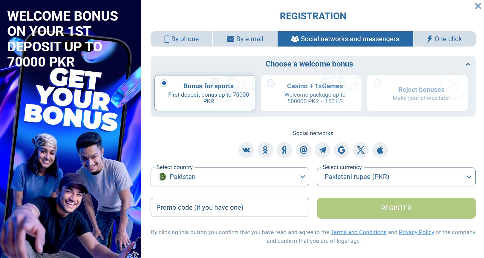 1xBet register by social